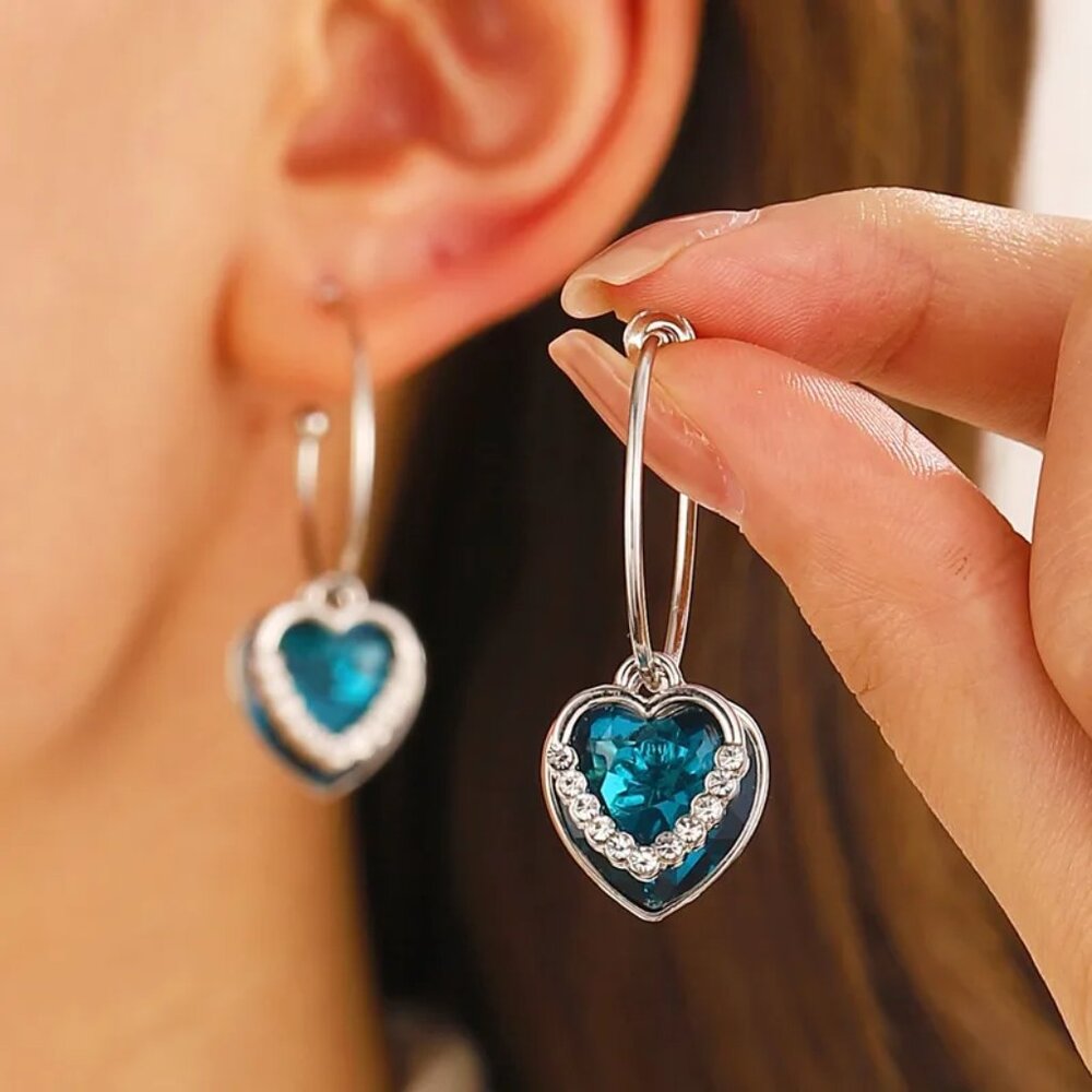 3/$35 Silver Heart Dangle Drop Hoop Earrings with Blue Crystal & Rhinestone